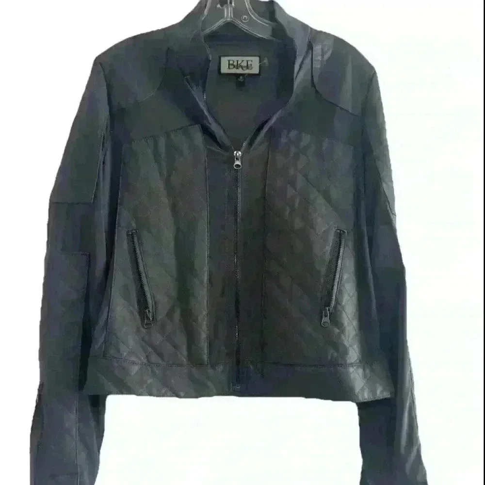 BKE Moto Jacket Faux Leather Dark Gray Lace Mesh Full Zip Pockets Size Medium
